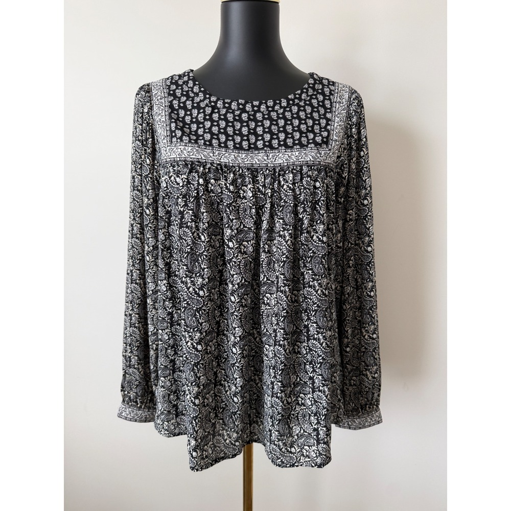 Gap Womens M Black White Paisley Floral Long Sleeve Boho Blouse Gathered Yoke